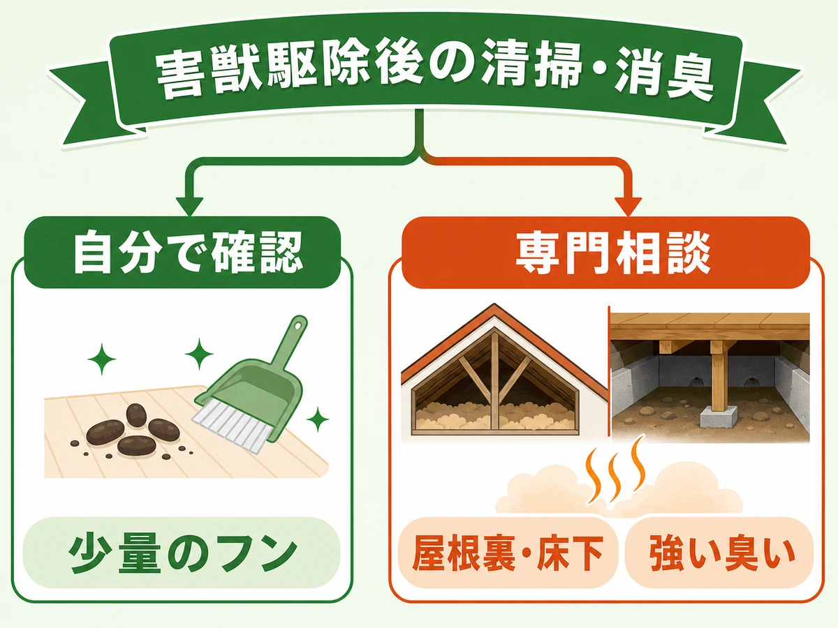 害獣駆除後の清掃で自分で確認できる範囲と専門相談の目安