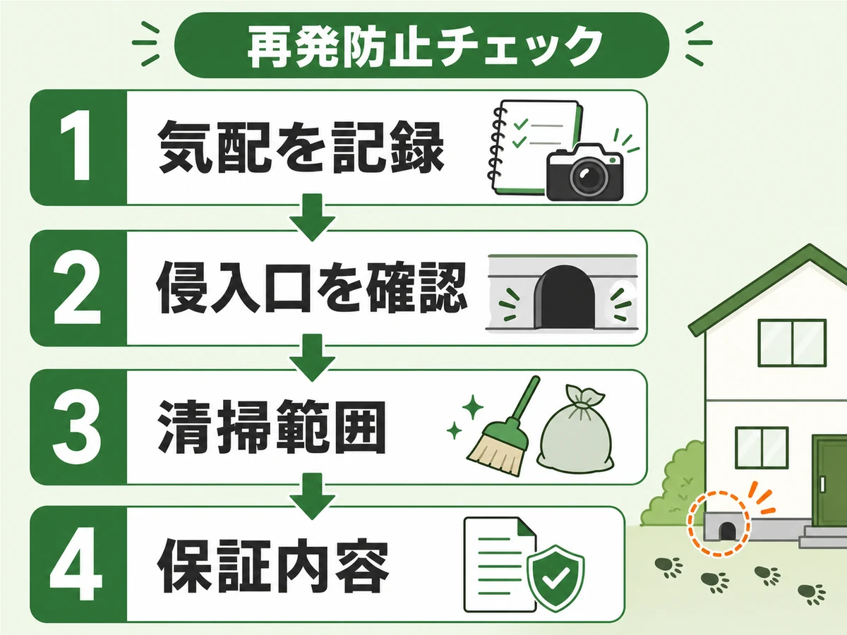 ネズミ駆除後の再発防止チェックとして気配の記録、侵入口、清掃範囲、保証内容を確認する流れ