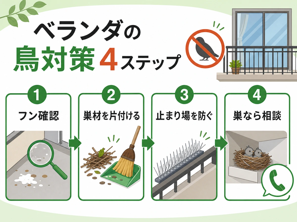 ベランダの鳥対策でフン確認から巣なら相談までの流れを示す図