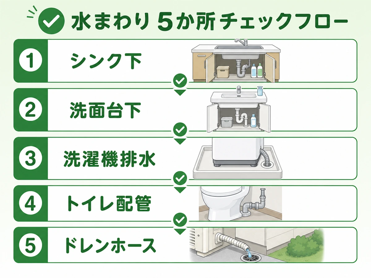 水回りで配管隙間を確認する5か所のチェックフロー
