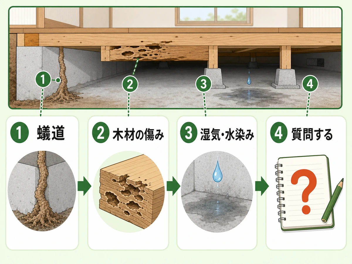 床下写真で蟻道、木材の傷み、湿気、水染みを確認する流れ