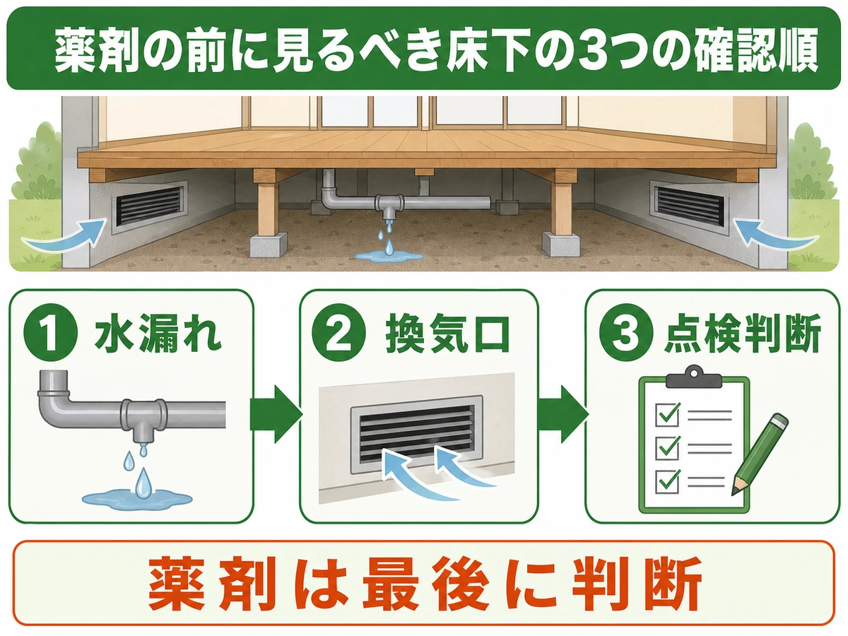 シロアリ対策で薬剤の前に見る床下の水漏れ・換気口・点検判断の確認順