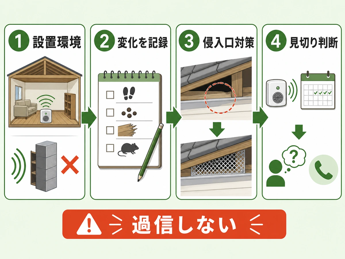 超音波機器を試す前後の設置環境、記録、侵入口対策、見切り判断の流れ