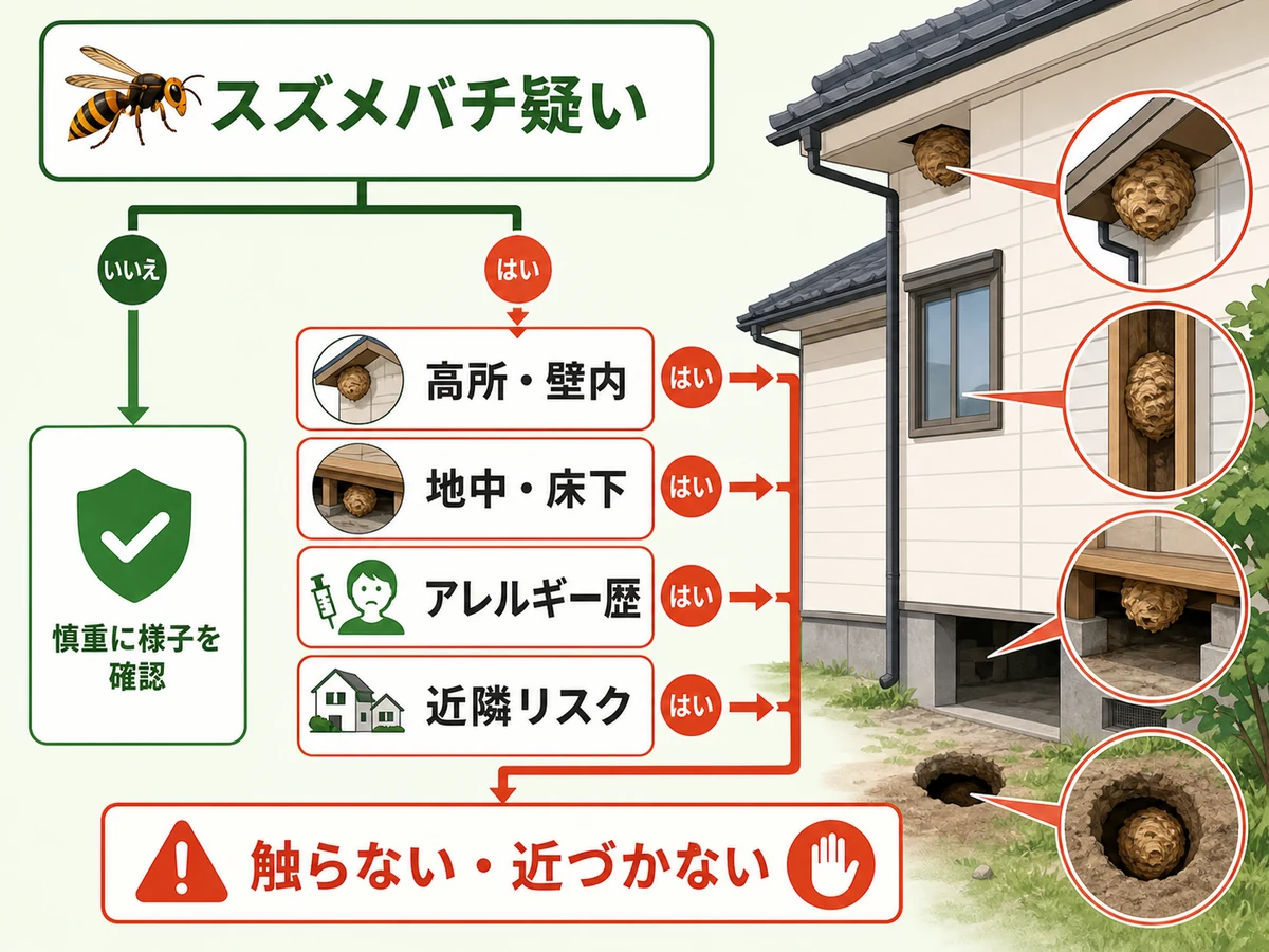 スズメバチ疑い、高所、壁内、地中、アレルギー歴など蜂の巣に近づかない条件を示す図解
