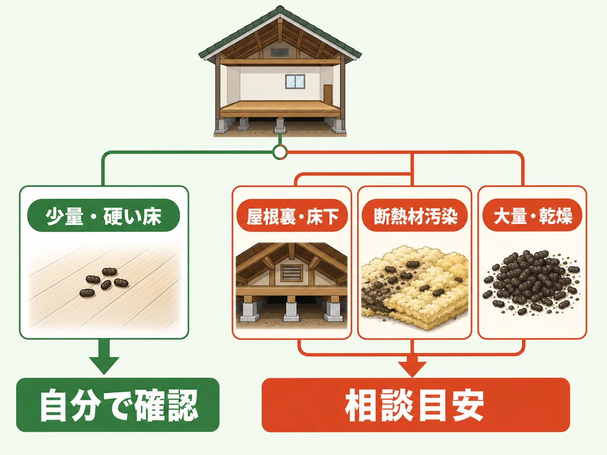 害獣のフン処理を自分で確認する範囲と相談目安を示す判断チャート