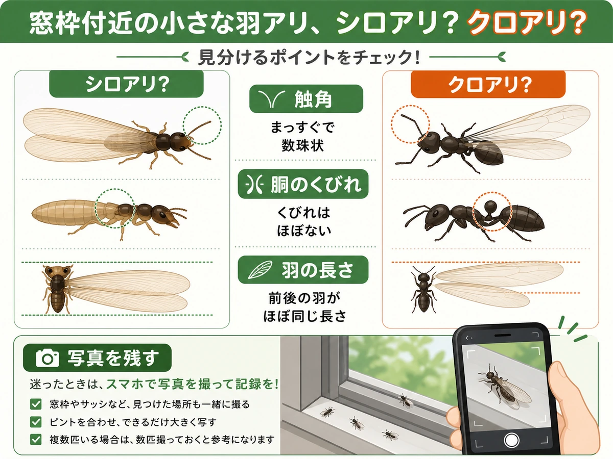 シロアリとクロアリの羽アリを触角・胴・羽で比べる図解
