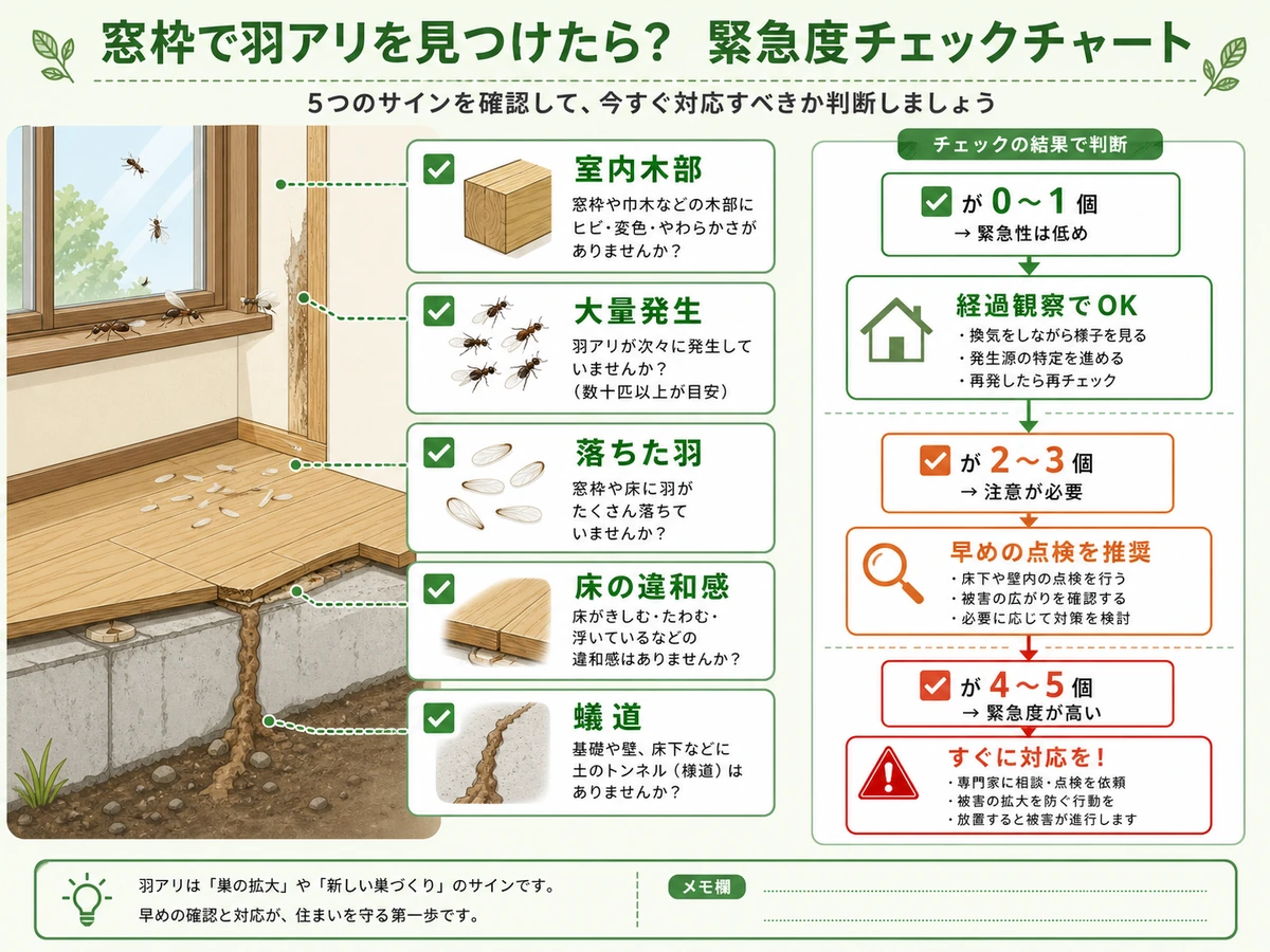 窓枠の羽アリで点検を考える危険サインの判断図