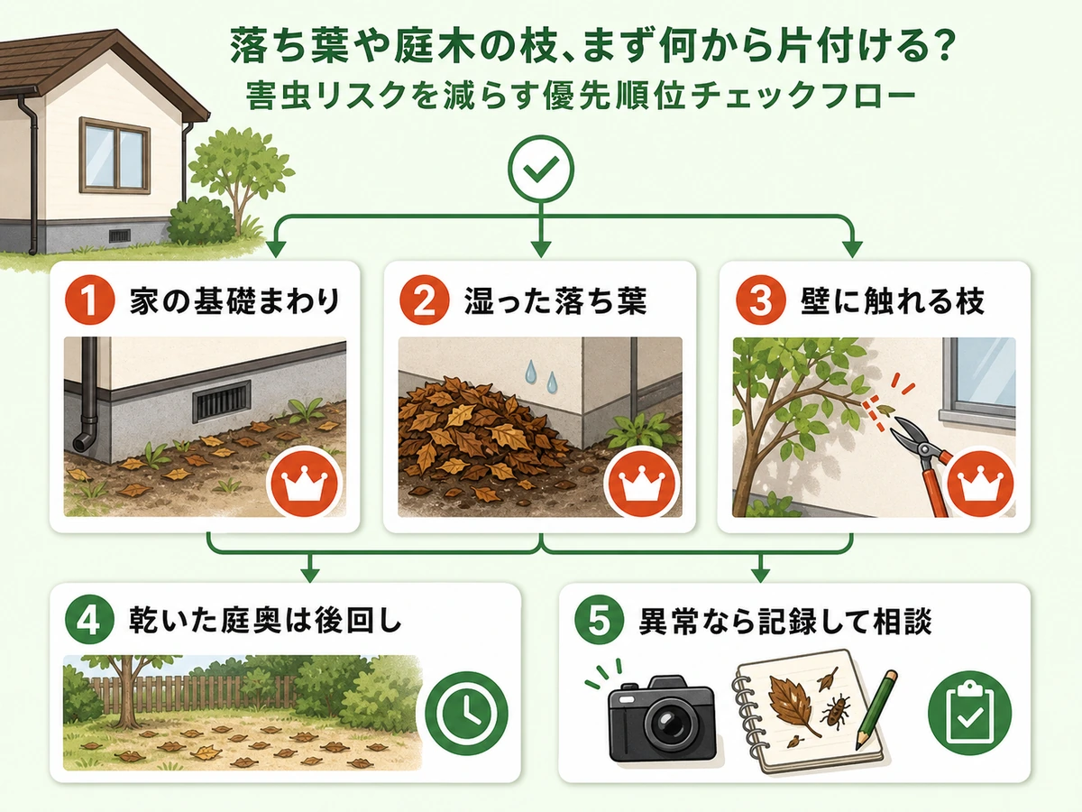 家の基礎まわり、湿った落ち葉、壁に触れる枝の確認順を示す図解