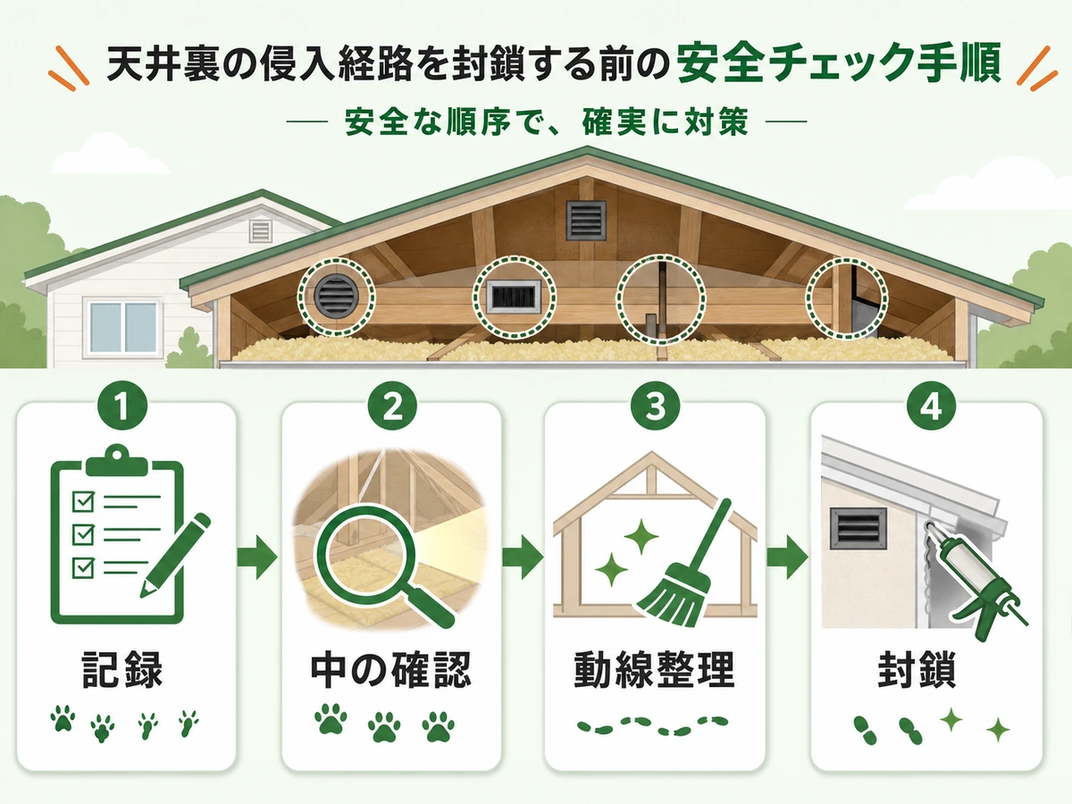 天井裏の害獣再発を防ぐための記録・中の確認・動線整理・封鎖の流れ