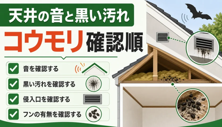 天井の音と黒い汚れからコウモリを確認する順番を示す図解
