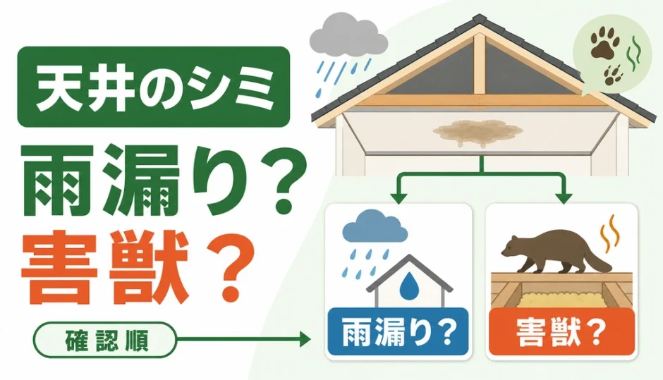 天井のシミと獣臭が雨漏りか害獣かを確認するイメージ