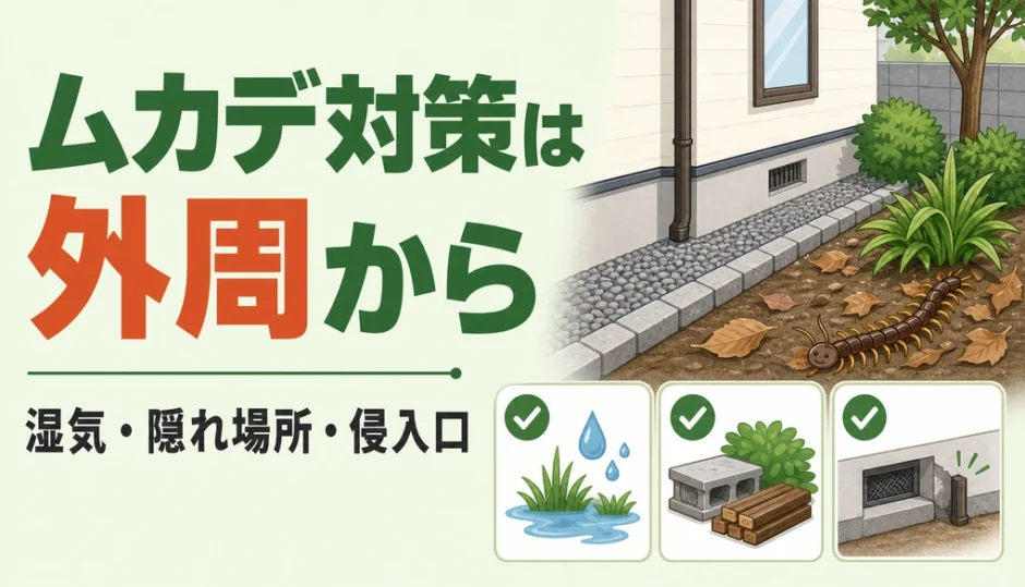 ムカデ対策は外周から始めることを示す庭と家まわりの点検図