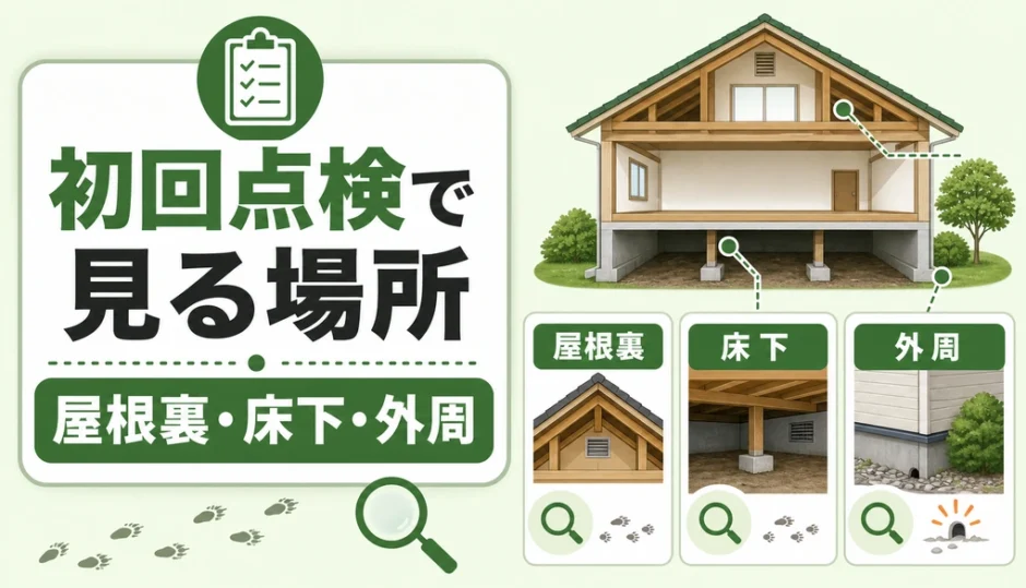 害獣の初回点検で見る屋根裏・床下・外周の場所を示すチェックリスト画像