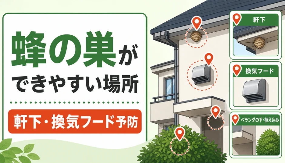 蜂の巣ができやすい場所と軒下・換気フード予防を示す図解