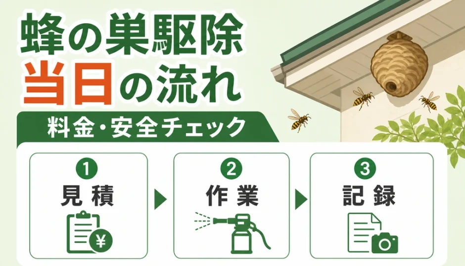 蜂の巣駆除当日の流れと料金・安全チェックを示すサムネイル