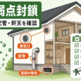 害獣侵入を防ぐために通気口・配管・軒天など家の弱点を確認する図