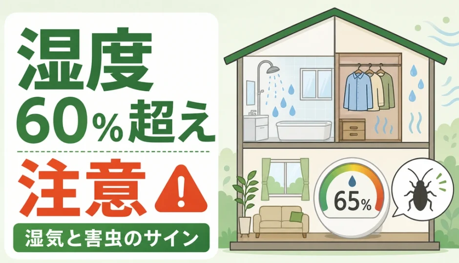 湿度60％超えが続く家の湿気と害虫サインを示す解説画像
