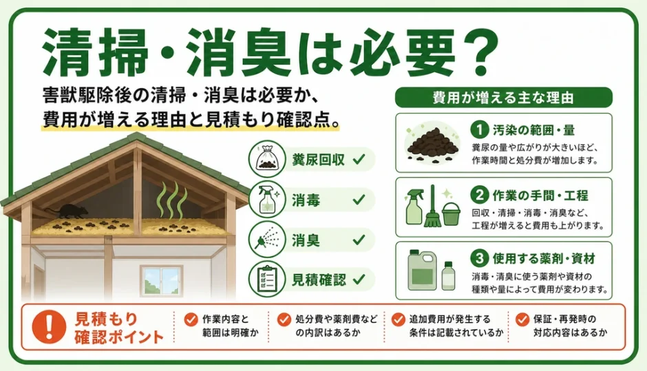 害獣駆除後の清掃・消臭の必要性と見積もり確認点を示す図解