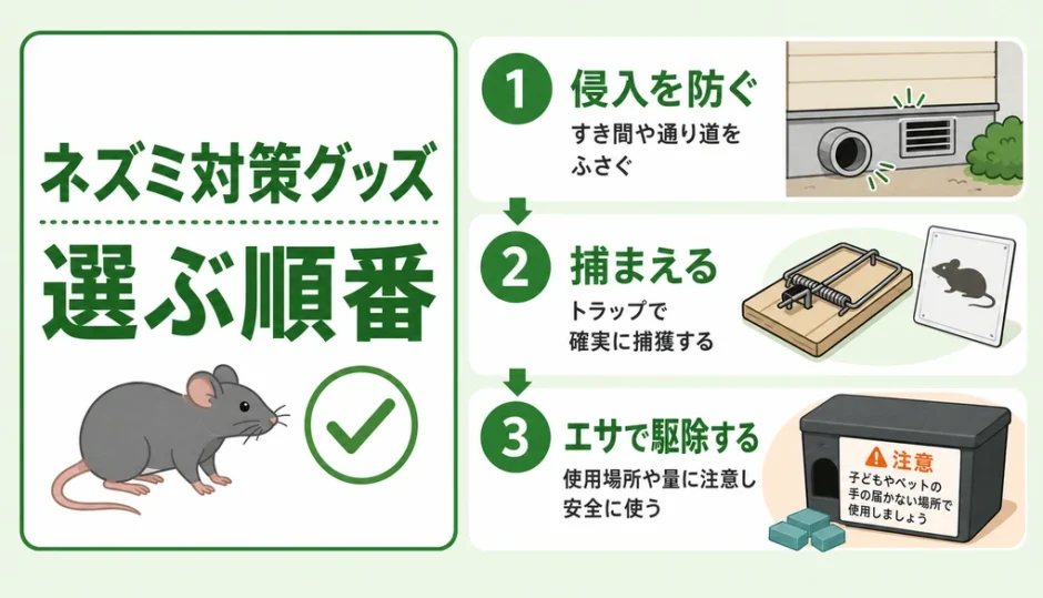 ネズミ駆除グッズを選ぶ順番を示す図解