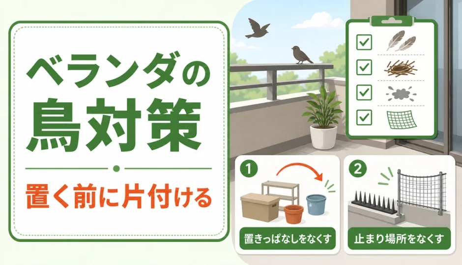 ベランダの鳥対策で先に取り除く物と置く物を示すサムネイル