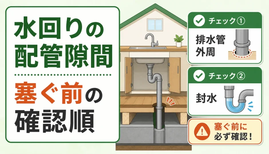水回りの配管隙間を塞ぐ前の確認順を示す図解