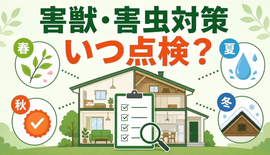 害獣・害虫対策の点検時期を示す春夏秋冬のチェック画像