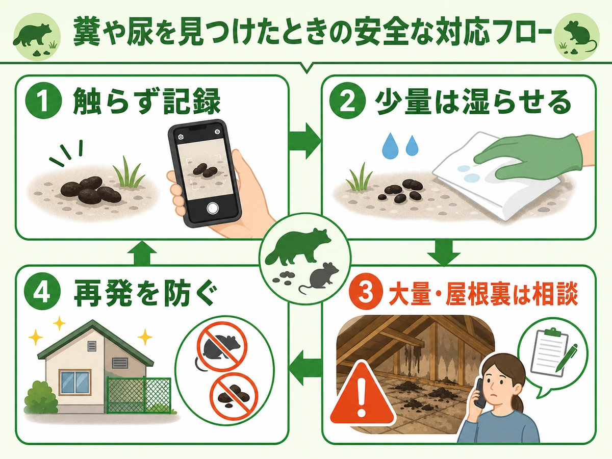 害獣のフン尿掃除で触らず記録し、少量清掃と相談境界を判断する流れ