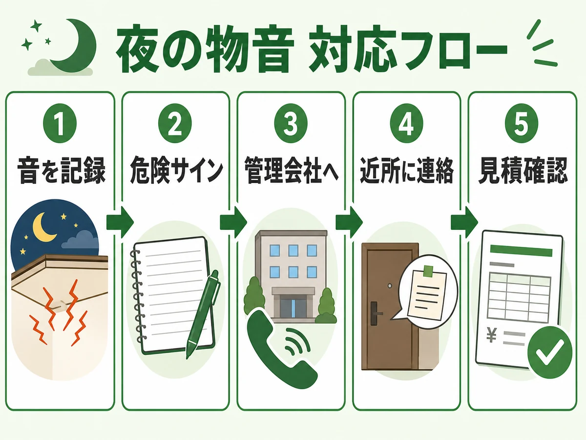 夜の物音を記録し管理会社や近隣連絡、見積確認へ進む対応フロー