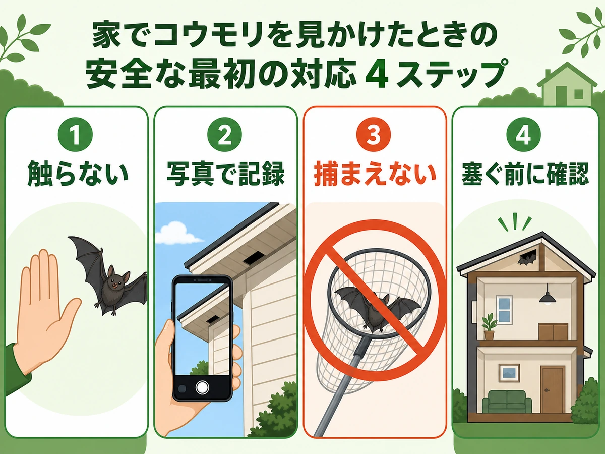 コウモリを見つけた直後の触らない、写真で記録、捕まえない、塞ぐ前に確認の流れ