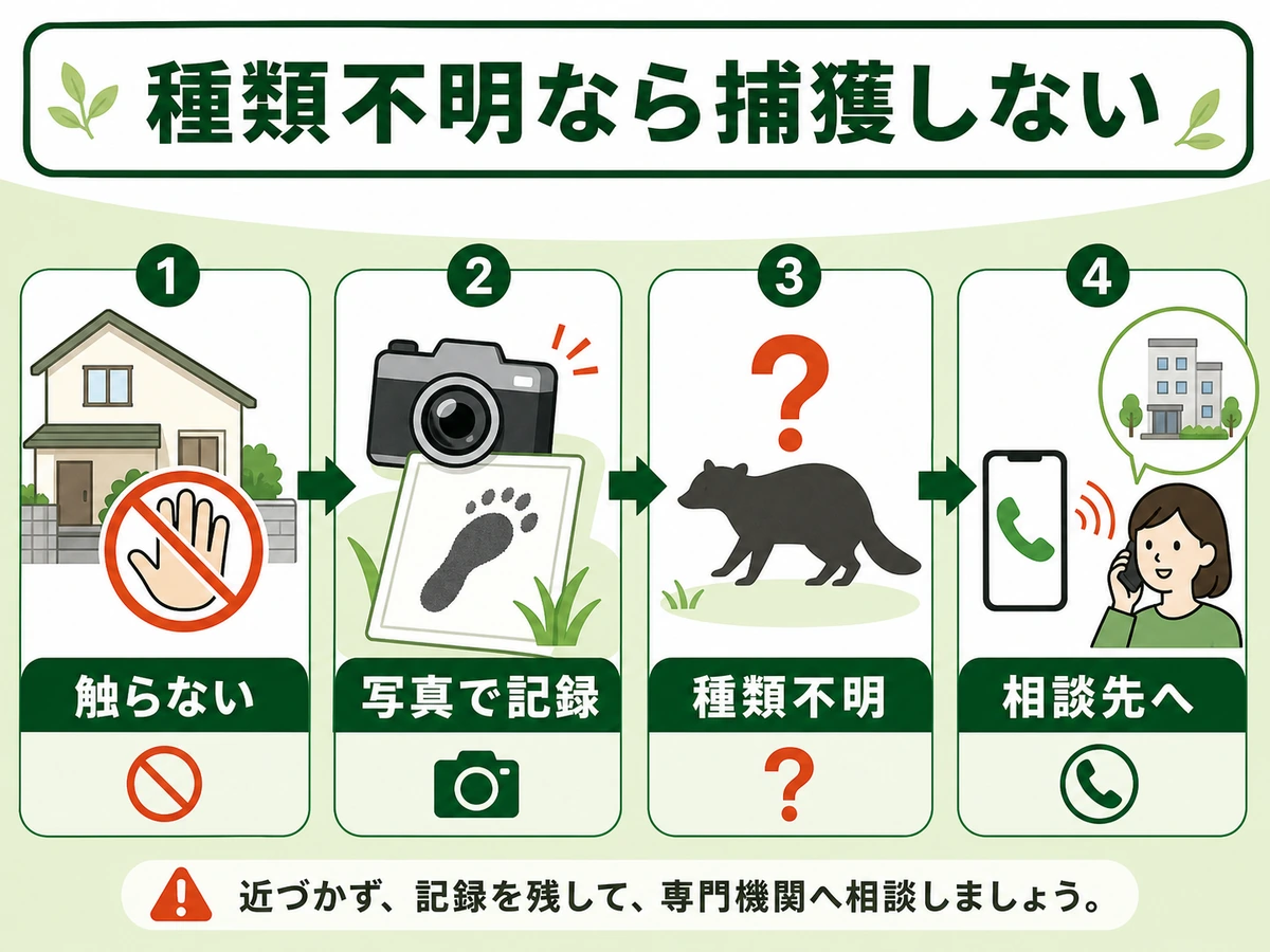 種類不明な害獣を捕獲せず、触らない・写真で記録・相談先へ進む流れ