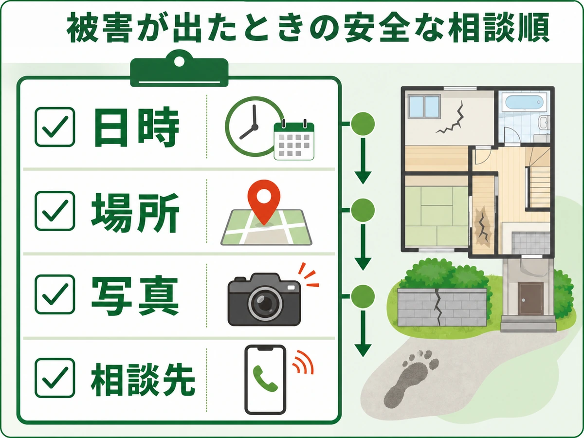 害獣被害を相談する前に日時、場所、写真、相談先を整理するチェックリスト