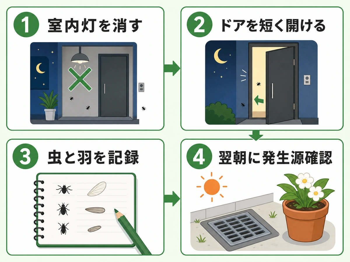 玄関の小さい黒い虫に対して今夜から翌朝までに行う4つの確認順