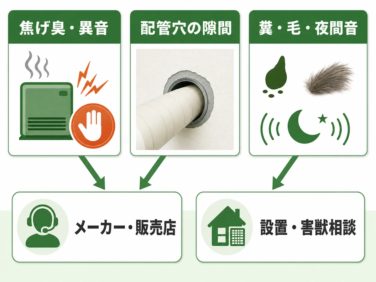焦げ臭や配管穴の隙間などの症状からエアコンの相談先を選ぶ判断図