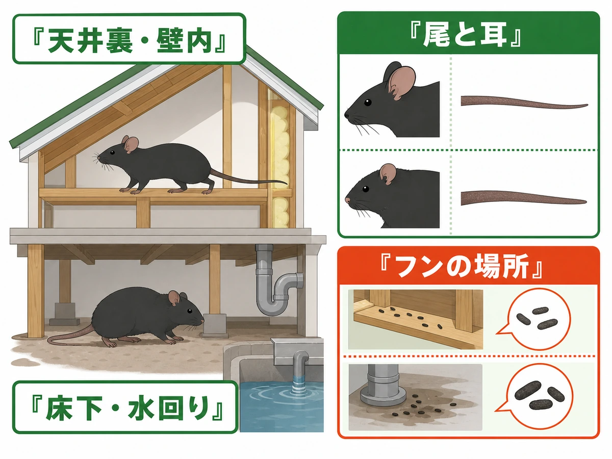 クマネズミとドブネズミの出没場所、尾と耳、フンの場所を住宅断面で比較した図