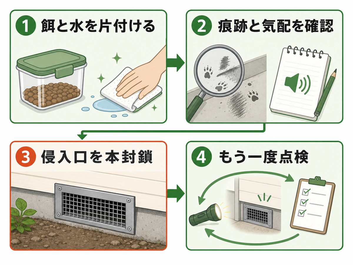 餌と水の片付けから気配確認、侵入口の本封鎖、再点検までのネズミ再発防止フロー