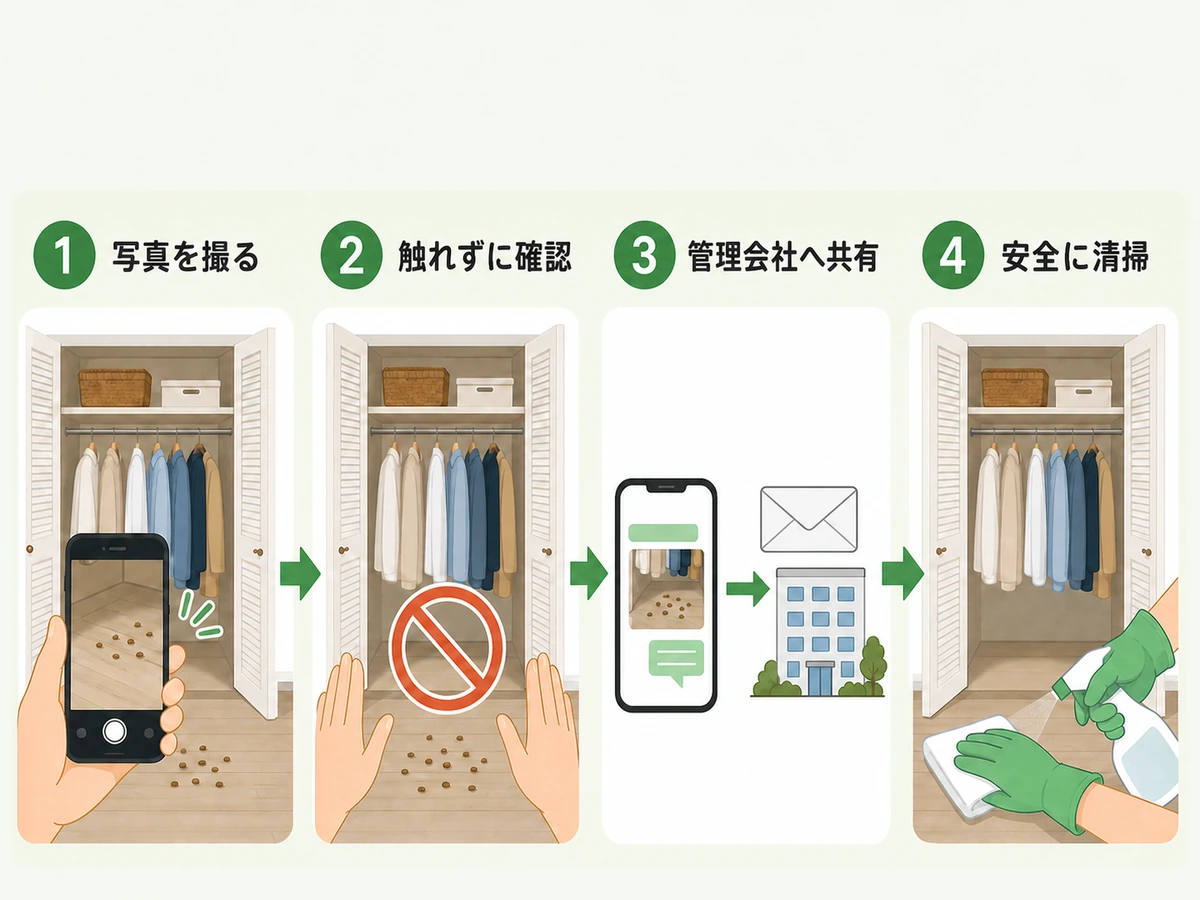 押し入れの黒い粒を見つけた後の撮影・確認・管理会社への共有・清掃の順番
