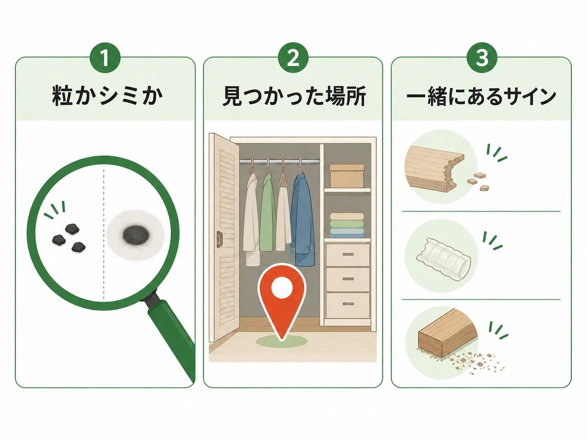 黒い痕跡を粒かシミか、見つかった場所、周辺サインで整理する3つの観察軸