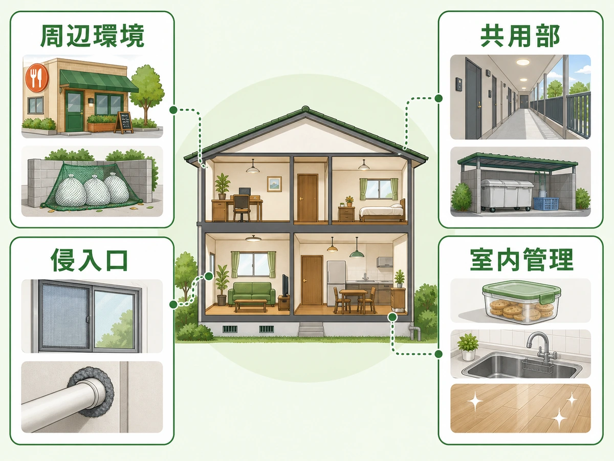 ゴキブリが出にくい家を判断する周辺環境・共用部・侵入口・室内管理の4条件