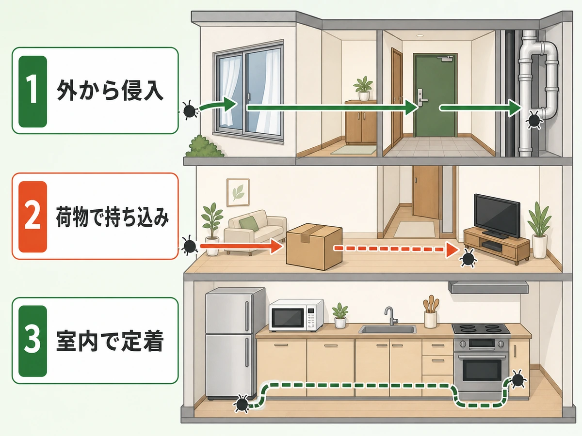 高層階や築浅でも残る外からの侵入・荷物での持ち込み・室内定着の3経路