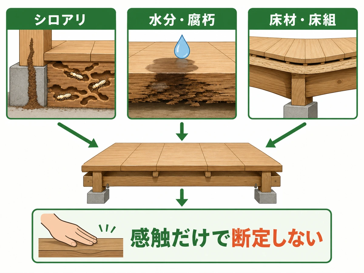 床のフカフカを起こすシロアリ・水分と腐朽・床材と床組の3系統比較