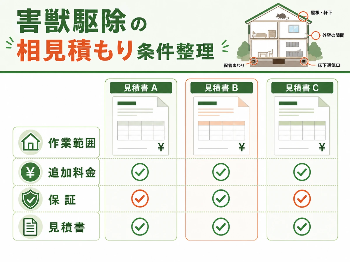 害獣駆除の相見積もりで作業範囲や追加料金をそろえる比較図