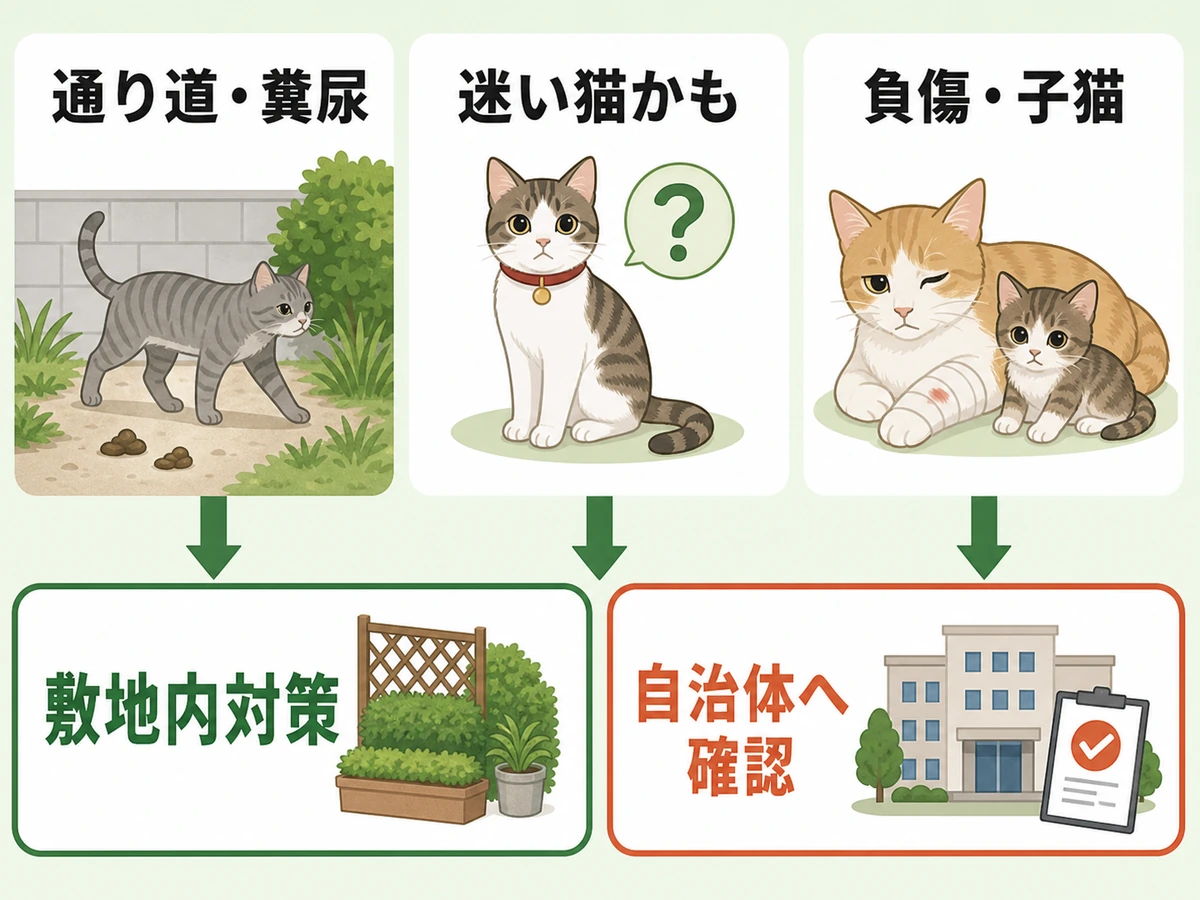 家周りの猫の状況から敷地内対策と自治体確認を選ぶ判断図