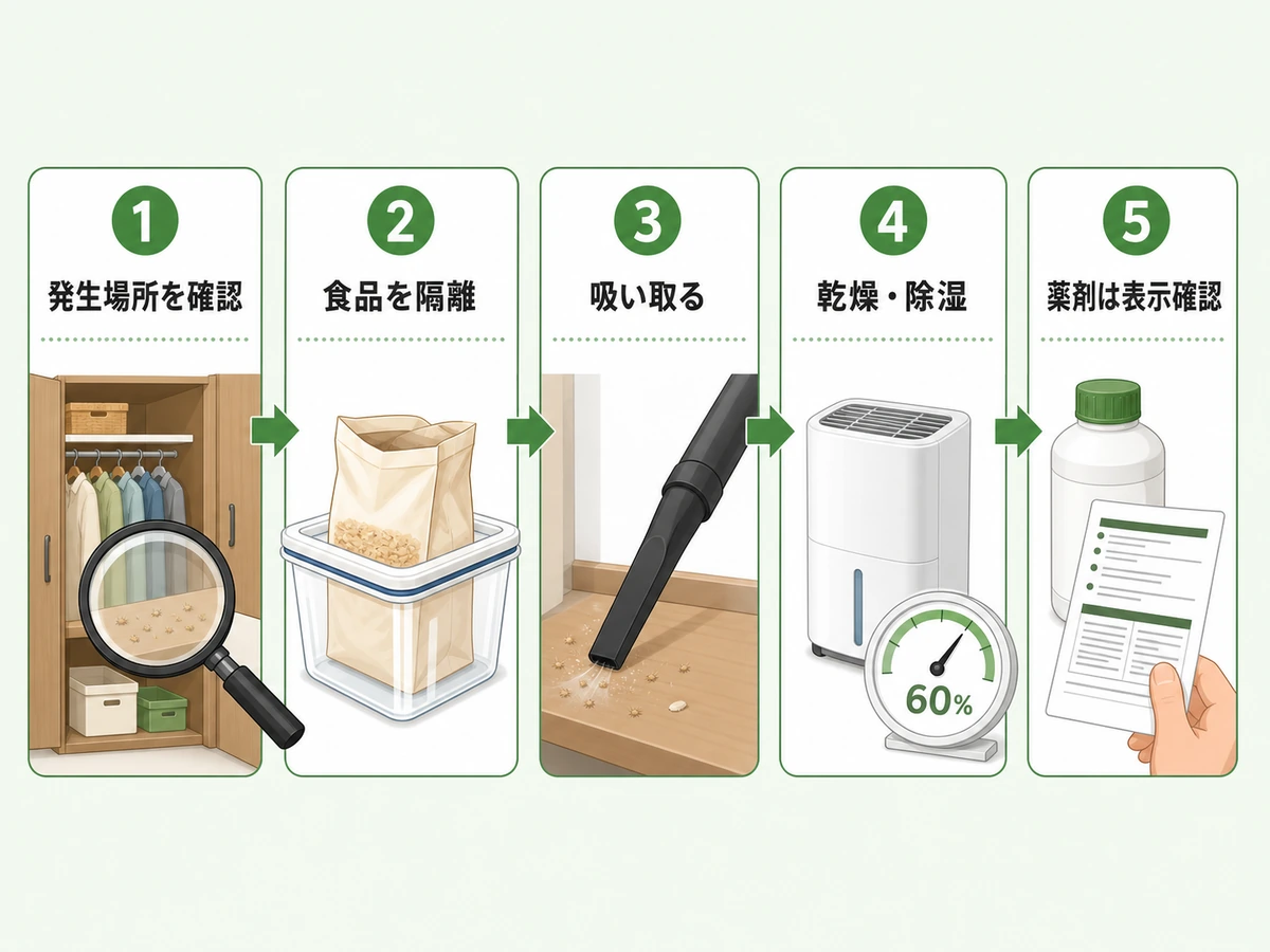 チャタテムシ大量発生時の確認・隔離・吸引・乾燥・薬剤表示確認の5手順