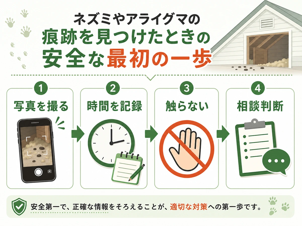 害獣の痕跡を見つけた時に写真、時間、触らない、相談判断の順で確認する図解