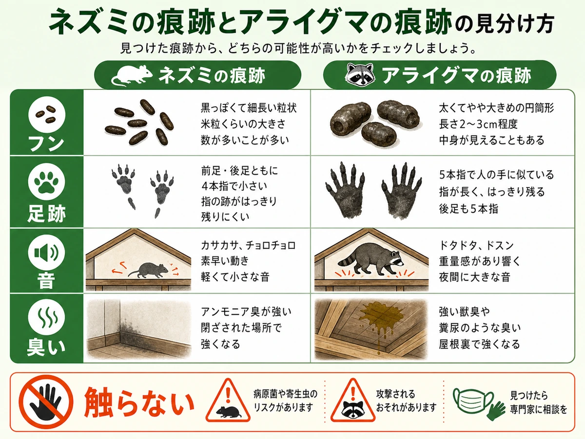 フン、足跡、音、臭いでネズミとアライグマの痕跡を比べる図解