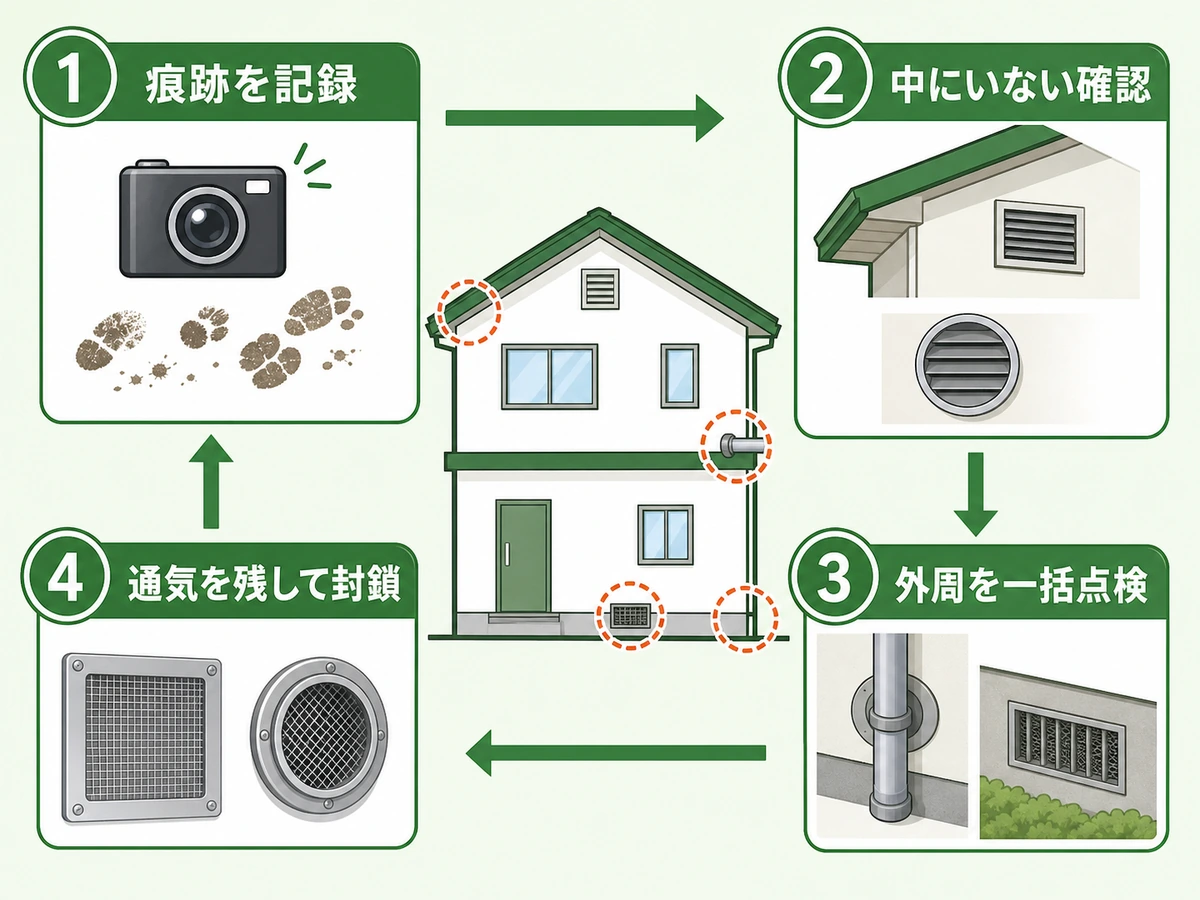 害獣の侵入口を塞ぐ前の確認順を示す図解