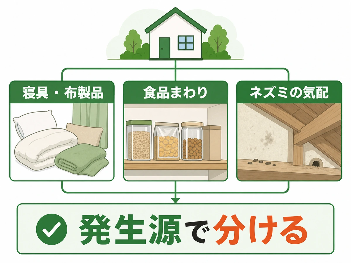 寝具・食品・ネズミの気配から家のダニの発生源を分ける確認フロー