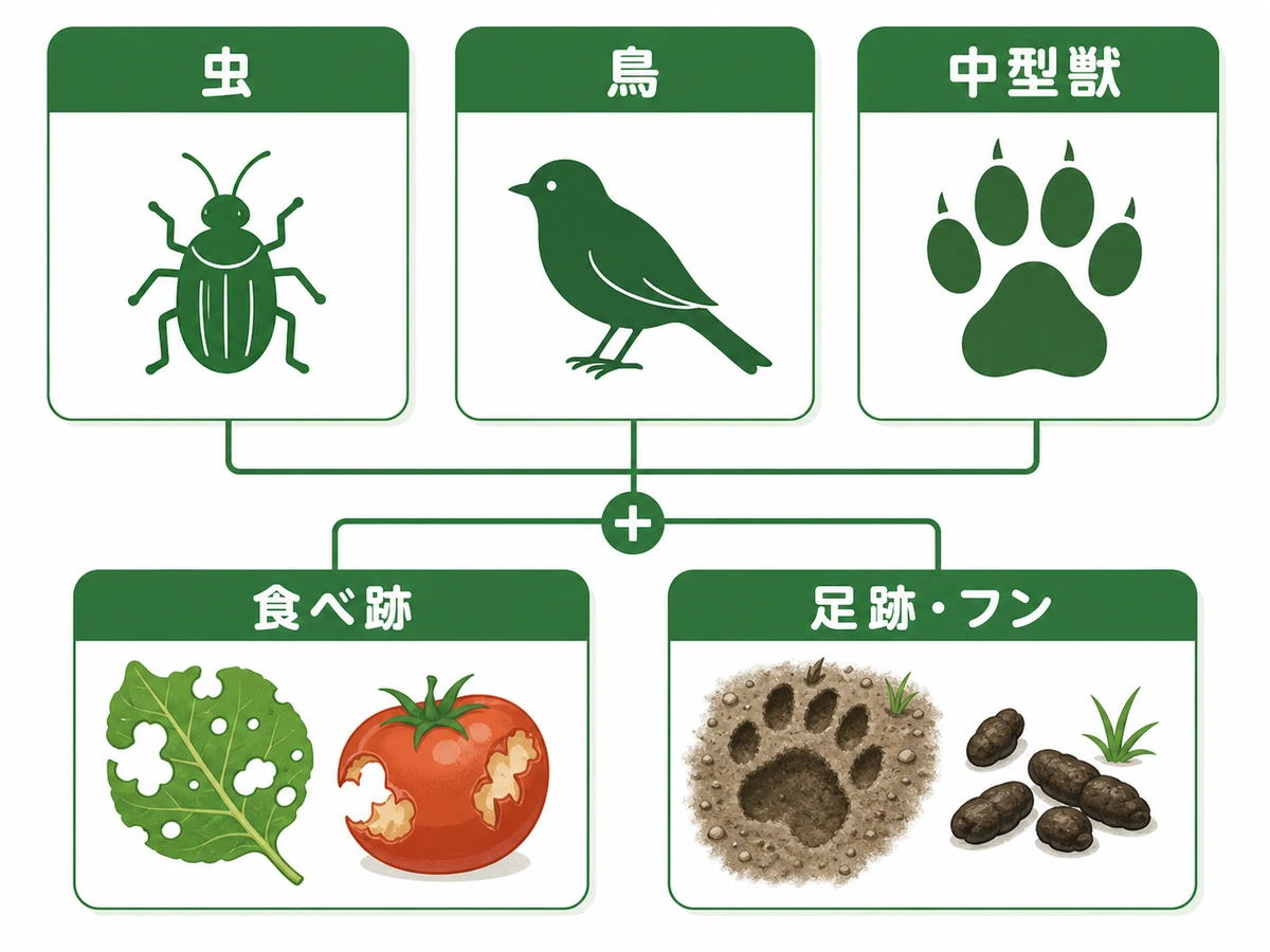 虫・鳥・中型獣を食べ跡と足跡・フンから比較する図