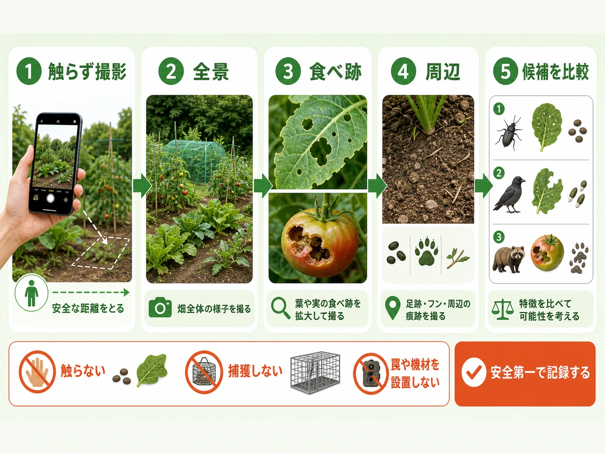庭の食害を触らず撮影し、全景・食べ跡・周辺を記録して候補を比較する流れ