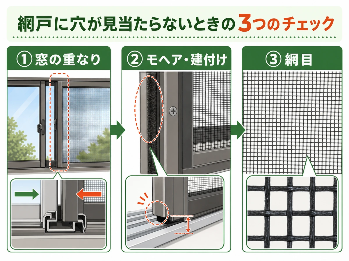 網戸の窓の重なり、モヘアと建付け、網目を確認する3ステップ